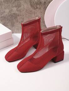 女士夏季镂空网眼凉靴，舒适透气粗跟后拉链高跟凉鞋 - 紅色 - 查看 5