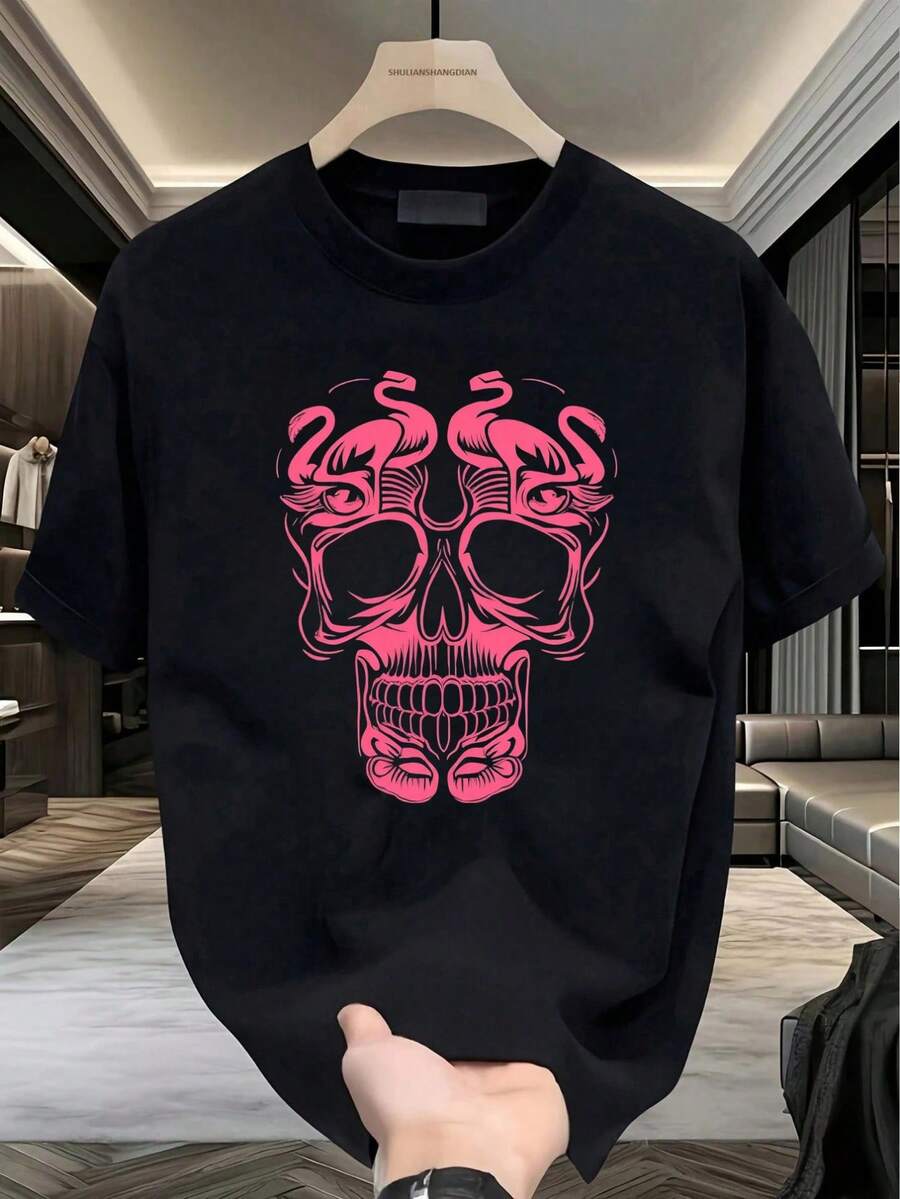 Camiseta de hombre, cuello redondo, manga corta, estampado calavera rosa bicolor, diseño llamativo moderno viral, perfecta para citas casuales, salidas con amigos, streetwear vibrante, moda urbana top, de color rosa masculino, regalo para hombre joven trendy, adulto, camiseta informal, ropa de verano, bicolor, calavera cute,ropa de hombre,parejas,envio nacional,regalo para hombre,oversize hombre. - Negro - Ver 1