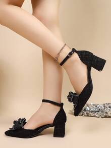 2025 New Basic Bow Rhinestone Decor Black High Heel Pumps, Pointed Toe Sexy Stilettos For Dresses, Autumn/Winter,Chunky Heels - Black - View 3