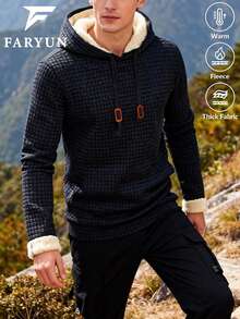 男士秋冬保暖连帽衫，深灰色格子羊羔绒内衬保暖卫衣 - 黑色 - 查看 2