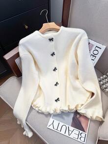 JIANHU Beige Schleife Strick Cardigan - Herbst/Winter Rüschen Saum Glockenärmel Pullover, akzentuiert in Schwarz | Weihnachtsmarkt und Silvester Party - Weiss - Übersicht 3