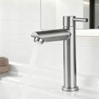 单孔浴室水槽龙头，现代单把手冷水龙头，拉丝镍表面，耐用金属结构，冷水阀设计，单孔安装，现代简约风格，适用于酒店浴室水槽、盥洗台水槽、厨房水槽、浴室水槽、现代浴室和房车水槽，家居装饰配件，节日礼品和家居装修。