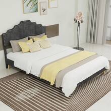 Modern Minimalist And Plush Bed, Comfortable And Soft Headboard, 140*200CM, Grey, Multifunctional Bedroom Furniture, Low Bed Frame Without Gas Spring, Mattress Not Included. - Gray + Fabric + Metal + Memory Foam - View 9