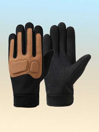 1双撞色休闲涤纶纤维男士运动手套，加固设计，冬季户外骑行、徒步、攀岩防护