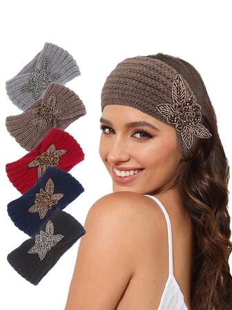 1pc Women's Solid Color Fashionable Headband, Handmade Crochet Polyester Beaded Flower Headpiece, Suitable For Everyday Use