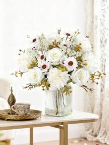 1/80pcs Artificial Rose Bouquet, Embroidered Flower Ball, Peony Mixed Flower, Bridal Bouquet, Wedding Decor, DIY Wreath Material, Birthday Party Decor, Home Dining, Living Room, Vase, Outdoor Garden, Spring Home Decor - White 1 - View 5