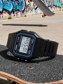 Casio 男女通用电子表 - 防水表带，带日历、闹钟和秒表功能，复古学生方形手表，橡胶材质，运动时尚，适合日常佩戴 F-91W-1 - 深藍色 - 查看 3