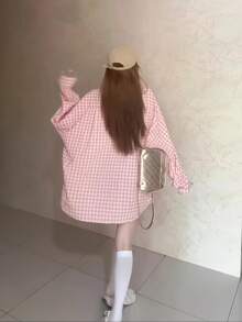 Vielseitige Damen Rosa Gingham Bluse mit Knopfleiste, Hemdkragen und Tasche, Oversized-Passform, Langarm, Nicht-Stretch, Frühling - Pink - Übersicht 5