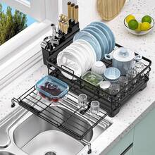 1pcs Expandable Dish Drying Rack Carbon Steel Dish Rack For Kitchen Counter, Space Saving Dish Drainer With Utensil Holder And Drainboard - Black - View 10