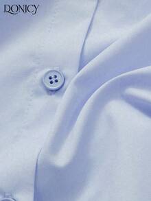 DONICY Women's Solid Color Collared Mid-Sleeve Blouse With Puff Sleeves Design, Blue Loose Retro Style Casual Shirt For Spring, Summer, Fall, Daily Wear, Dates, Business, Casual, Fashionable, Elegant, Suitable For Valentine's Day, Carnival - Blue - View 3