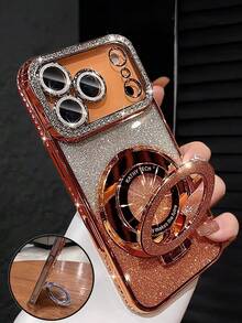 Luxury Electroplated Starry Sky Orange Phone Case With Foldable Stand, Soft Protective Cover With 4 Air Cushions [Anti-Fall & Shock-Proof], High-Quality Durable, Sparkling Rhinestone Design, Compatible With IPhone 17/16/16e/15/14/13/12/11/X/XS/XR/SE 2020/2022 - Pro Max Plus Mini Air - Orange - View 4