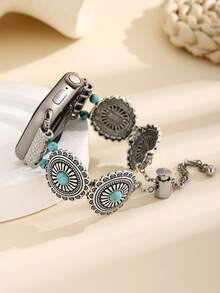 1pc Bohemian Style Turquoise Beaded Elastic Watchband, Compatible With Apple Watch 38/40/41/42/44/45/46/49mm, Vintage Silver Smartwatch Band Compatible With Series Ultra/SE/10/9/8/7/6/5/4/3/2/1, Unisex Casual Vacation Daily Accessory Strap - Silver - View 4