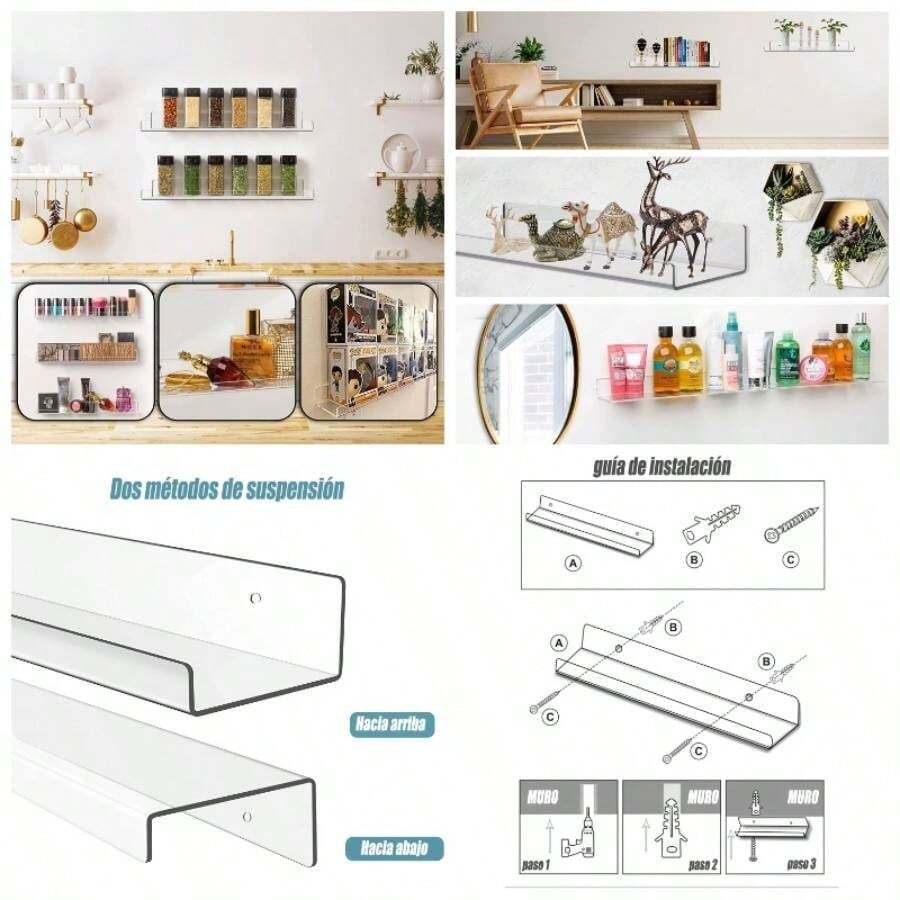 Estantes Acrlicos Transparentes para Almacenamiento de Pared, Estantes Flotantes Acrlicos de 38cm montados en la Pared, estantes de Pared de repisa para el Dormitorio, bao, Cocina, 2 Pzas - 2 - Ver 1