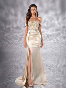 Elegant Women's Open Shoulder Satin Long Formal Dress, Thigh-High Slit, Sequin Decor, Sleeveless Party Dress Wedding Spring - Champagne - View 5