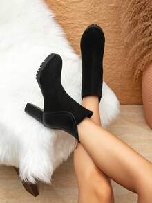 女士时尚圆头粗跟靴，欧式圆头高跟靴，女士高跟靴，冬靴，细高跟套脚靴，女士优雅黑色圆头细高跟鞋，适合派对、假日、婚礼，裸色踝靴，百搭黑色婚礼踝靴 - 黑色 - 查看 7