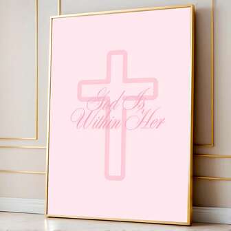 1pc Pink Christian Wall Art Picture "God Is Within Her" Bible Verse Print Canvas Paintings Minimalist Cross Posters Faith & Strength Decor For Bedroom Or Prayer Room Gift For Her Framed Unfraned