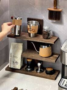 1pc 3-Tier Wooden Storage Rack, Minimalist Style For Kitchen, Coffee Supplies, Cosmetics Display, Suitable For Dorm Room, All Season - Coffee Brown - View 1