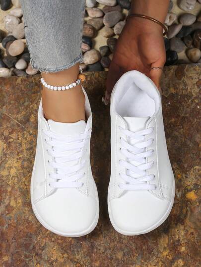 Women's Plus Size Wide Fit Minimalist Style Leather Patchwork Lace-Up Barefoot Shoes, Suitable For Outdoor Sports