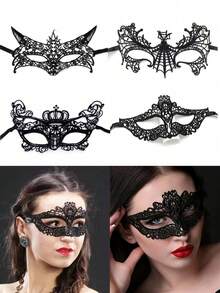 Máscara de media cara de encaje negro con diseños de orejas de gato / corona / telaraña, textura bordada hueca, estilo sexy y misterioso, adecuada para fiestas de parejas / juegos de roles / citas, elegante accesorio decorativo para mujeres adultas - Multicolor - Ver 1