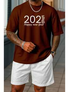 Conjunto Camiseta Bermuda Masculina Lançamento Happy 2026 Sofisticado Moderno Em Algodão Nobre - Marrom - Visão 1