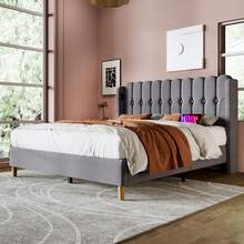 Upholstered Double Bed With USB Type-C Charging Function, Bed Frame With Slatted Base, Upholstered Bed In Grey, 140 X 200 Cm Bed Frame, Youth Bed For Bedroom/Guest Room - Linen Material - Grey - View 9