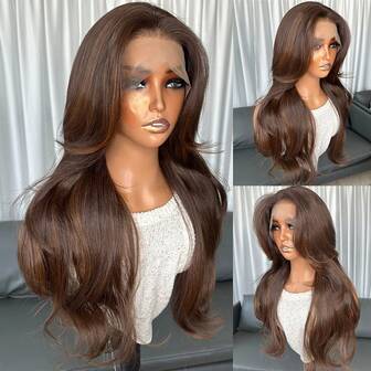 Peruci sintetice Kanekalon Futura Hair, maro natural, cu breton cortină, 13x4, pentru femei, lungime 22 de inci, ondulate, fără lipici, Kanekalon, rezistente la păr, peruci sintetice, cu despărțire la mijloc, densitate 150%, linia părului naturală, creț, fără lipici, pentru modă, femei, fete, petreceri, vacanță, spectacole, machiaj, utilizare zilnică