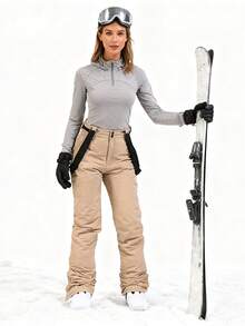 Women's Insulated Ski Pants Set, Men's Winter Ski Pants With Detachable Suspenders, Suitable For Outdoor Activities, Skiing Equipment, Warm Clothing, Sports Style Pants, Reinforced Structure, Functional Snow Suspenders, Durable Snow Gear, Thick, Breathable Ski Wear - Màu Khaki - Xem 3