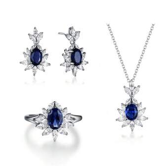 925 Sterling Silver Oval Blue Sapphire Jewelry Set, Floral Diamond Halo, Exuding Luxurious, Elegant And Sophisticated Style, Suitable For Weddings, Galas, Parties, Events And Art Exhibitions