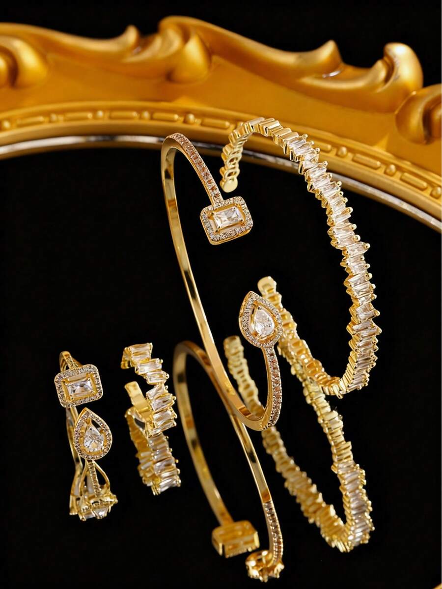 Set de 4 piezas de pulsera y anillo con gota asimétrica geométrica de cielo estrellado de circonita, joyería minimalista de alta gama unisex - Juego de cuatro piezas - Ver 1