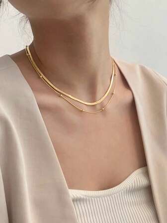 2pcs/Set Double Layer Gold Snake Bone Stainless Steel Necklace For Women