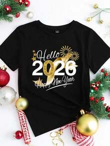 Manfinity Homme Camiseta negra unisex "HELLO 2026 Feliz Año Nuevo", edición limitada de pareja con elemento de cinta dorada 2026 Año Nuevo, cuello redondo - Negro - Ver 3