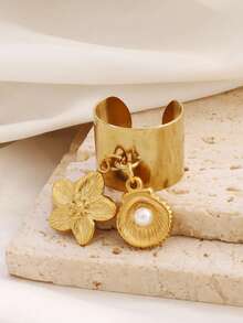 1pc Stainless Steel Flower Pendant Open Ring, Fashionable Pearl Shell Pendant Round Ring, Waterproof Jewelry For Women - Ring Style 1 - View 5