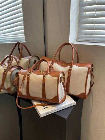 1pc Canvas Contrast Color Patchwork Fashion Duffle Bag,UnisexTravel Luggage,SuitableForOvernightS Tay, Commuting,Short-Distance Travel(Small Size Fo R Commuting,Large Size For Short-Trip)