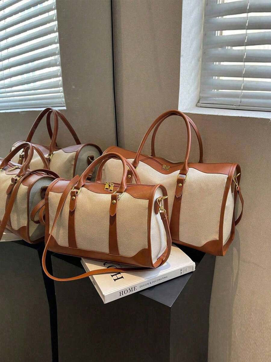 1pc Canvas Color Block Patchwork Fashion Travel Bag, Unisex Travel Luggage Bag, Suitable For Overnight, Commuting, Short Trips (Small Size For Commuting, Large Size For Short Trips) - Brown - View 1