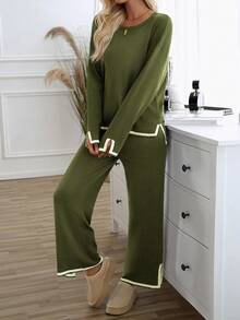 GAOVOT 女士毛衣两件套简约宽松休闲撞色圆领长袖毛衣搭配宽松阔腿直筒裤套装 - 軍綠色 - 查看 5