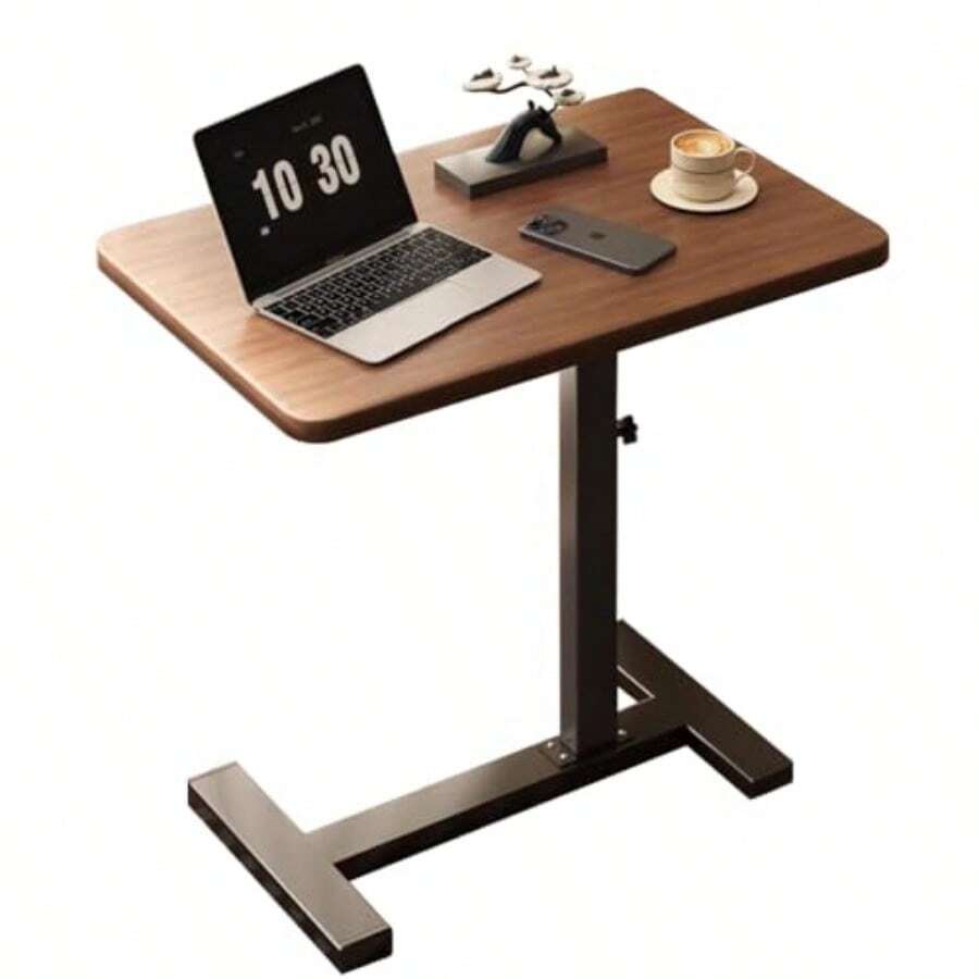 Overbed Table With Hidden Wheels Adjustable Bed Side Table And Rolling Bed Table TrayandLaptop Table For Living Room Bedroom Bathtub Small Spaces - Walnut - View 1