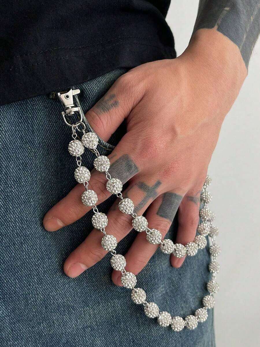 1pc Plain Rhinestone Pearl Dual Chain Punk Style Pants Chain Keychain, Waist Decor Suitable For Gifts, Parties, And Daily Wear - Bạc - Xem 1