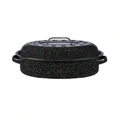 D 15-Inch Covered Oval Roaster - Enamel Steel Basic Cookware Nonstick And Chemical-Free Dishwasher  - 10 Lb Capacity Large Roasting Pan For Meats Poultry Vegetables Speckled Black