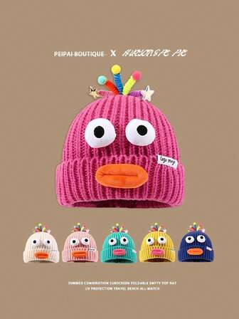 1pc Women's Funny Cartoon Sausage Mouth Knitted Beanie Hat, Warm & Cute, Suitable For Autumn/Winter Outdoor & Indoor Wear