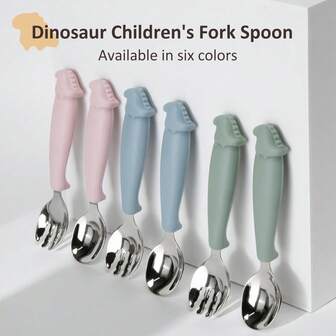 2pcs Dinosaur Silicone 304 Stainless Steel Cutlery - Cartoon Style Spoon And Fork, Durable, Easy-To-Use Kids Ideal Gift For Baby Showers Or Birthday , Christmas Gifts
