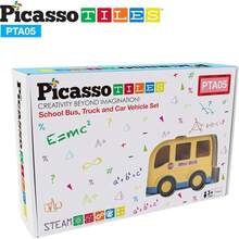 PicassoTiles cifras magnéticas de 5 piezas de vehículo y cifras de acción, incluyendo autobús escolar, coche, camión y 2 conductores, paquete de expansión magnética, kit de juguete para niños pequeños, juego de simulación para bloques de construcción - 1 - Ver 9