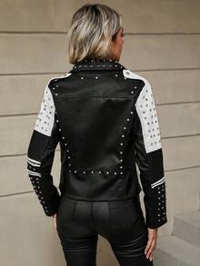 Women's Autumn/Winter Faux Leather Biker Jacket - Rhinestone Embellished, Asymmetric Zipper Design, Adds Fashionable Touch To Street Style In Cold Season - Đen và trắng - Xem 9