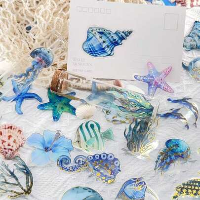 50 piezas Pegatinas decorativas de vida marina con estampado en caliente para portátil, botella de agua, equipaje, diario, resistentes al agua, graffiti, pegatinas de PET