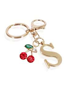 1pc High-End Elegant Gold Letter Keychain, Letter A-Z Three-Dimensional Pendant,Pair With Rhinestone Cherry Pendant, Fashionable Alloy Keychain Ring, Backpack Charm Car Keychain, Perfect Accessory For Women's Daily Use, Couple Gift, Classic And Simple Keychain, Decoration, Bag Accessories, Suitable For Giving To Friends, Family, Lovers, Girlfriends, Important Gifts, Holiday Souvenirs,Birthday Gifts, Christmas Gifts