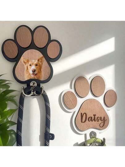 Personalisierter Holz-Hundeleinenhaken mit Pfotendruck, individuell gravierte Wandhalterung - geeignet für Halsbänder und Mäntel, strapazierfähiges Holzmaterial mit Pfotenmotiv, perfektes dekoratives Erinnerungsstück als Geschenk für Tierliebhaber