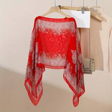 1pc Spring/ Summer New Women's Lightweight Chiffon Vintage Botanical Printed Loose Shawl Scarf, Cover, Clothing, Suitable Travel And Daily Use Accessories Women - 玫紅色 - 查看 2