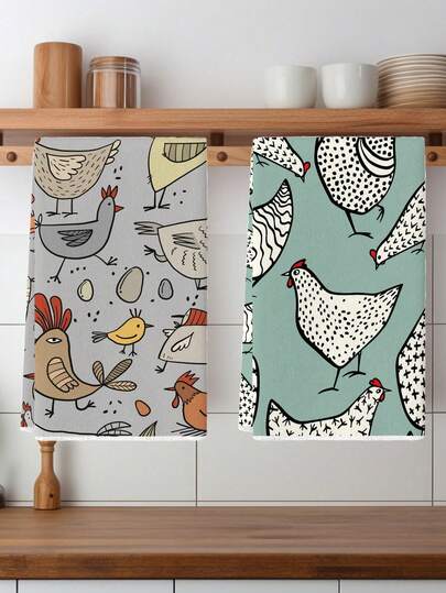 Farmhouse Chicken Foraging Decorative Kitchen Towels 2PCS Soft Thick Microfiber Dish Cloths Absorbent Tea Towels For Kitchen Dining Table Restaurant Bathroom Cute Funny Design Ideal Christmas Valentine's Day Present