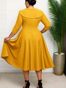 Women's Mid-Length Straight Dress, Peter Pan Collar Design, Fitted Top & Loose Bottom, Metal Flower Belt Decor, Casual Solid Color, Button Front, Comfortable For Work, Daily Wear, Elegant, Casual, Spring/Autumn/Winter - Ginger - View 2