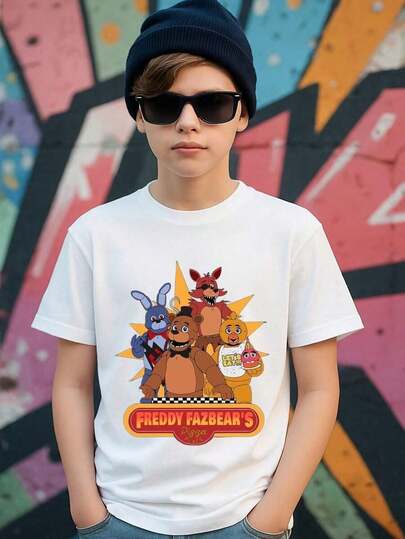 Camiseta infantil de 4 a 16, Camisetas Gráficas de Algodón de Freddy Fazbear para Niños/Niñas, Camisetas de Juego para Niños, Camisetas Negras de Verano con Personajes de Dibujos Animados, Regalo para Fans, Camiseta de Cuello Redondo de Manga Corta, Divertida, Vintage Camisetas para Niños