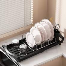 1pcs Expandable Dish Drying Rack For Sink Or Countertop, Compact Stainless Steel Dish Drainer With Removable Utensil Holder - Black - View 13